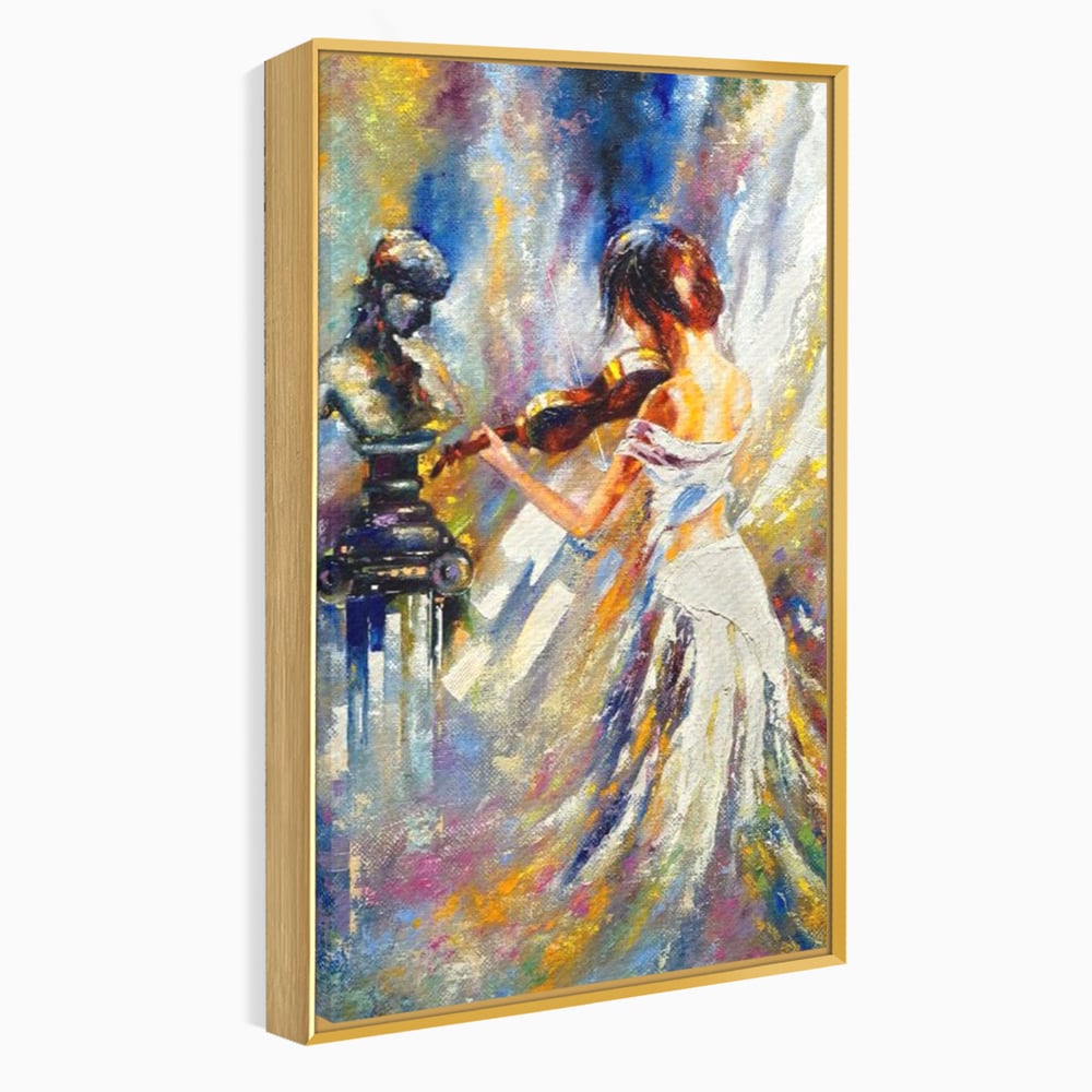 Tablou canvas cu pictura femeie cantand la vioara, in rama de aluminiu auriu
